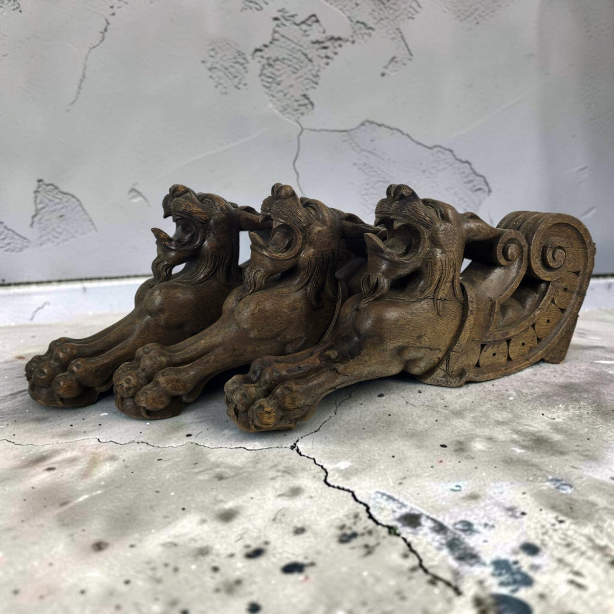 Trio of Antique 19th Century Carved Oak Lion Table Legs / Architectural Corbels