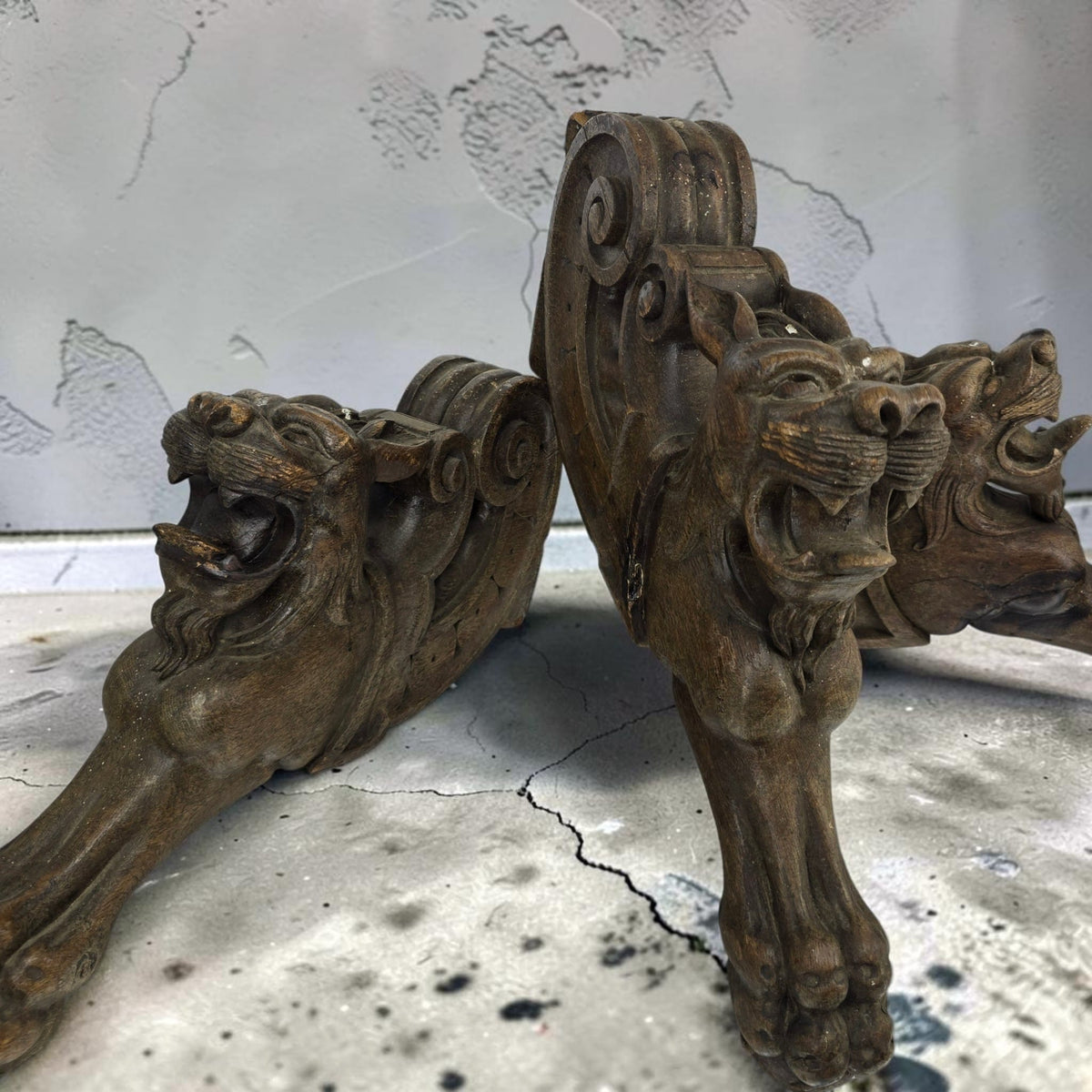 Trio of Antique 19th Century Carved Oak Lion Table Legs / Architectural Corbels