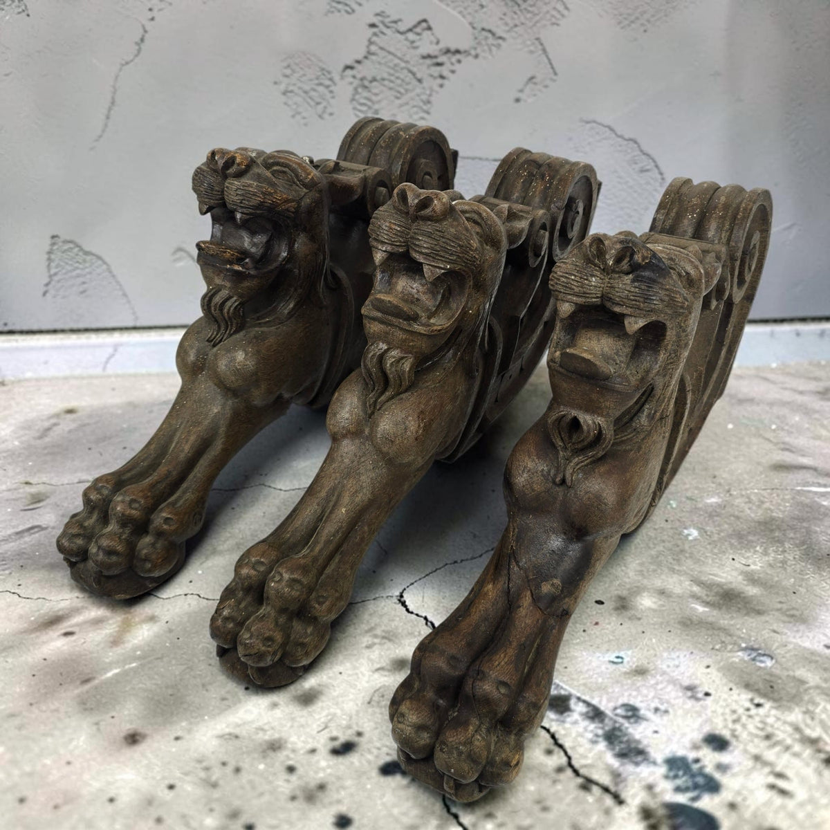 Trio of Antique 19th Century Carved Oak Lion Table Legs / Architectural Corbels