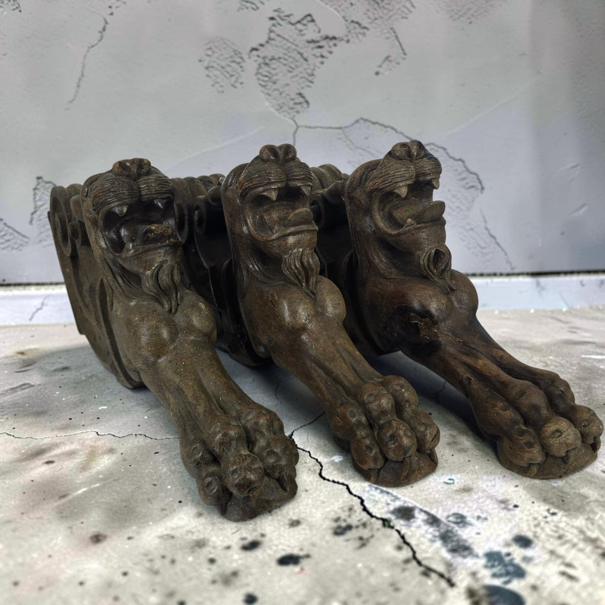 Trio of Antique 19th Century Carved Oak Lion Table Legs / Architectural Corbels