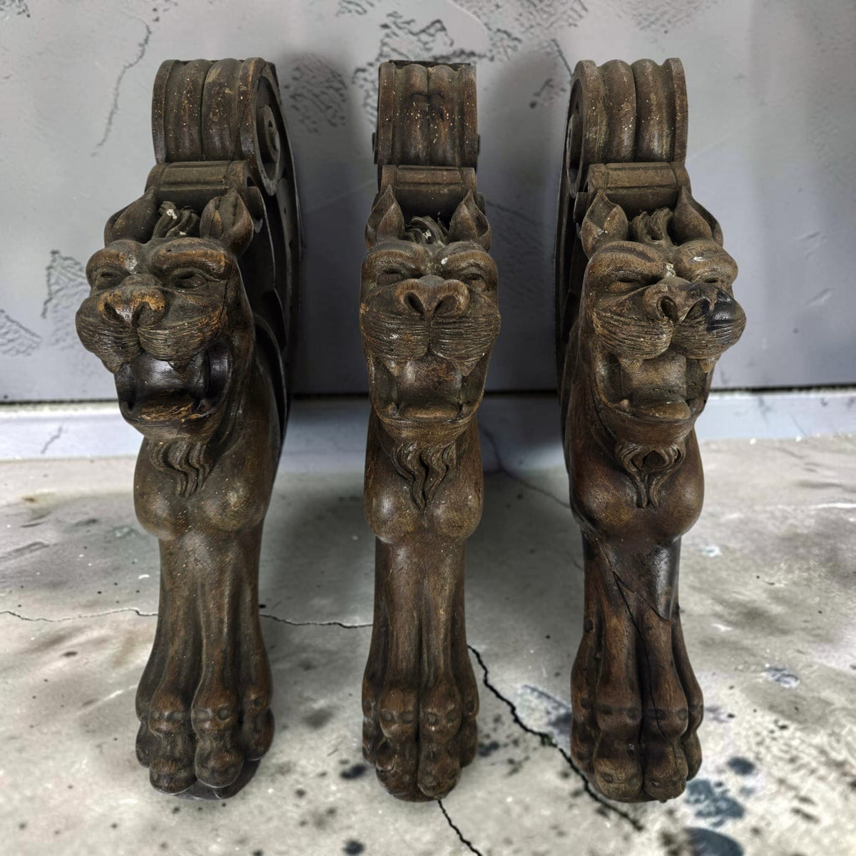 Trio of Antique 19th Century Carved Oak Lion Table Legs / Architectural Corbels