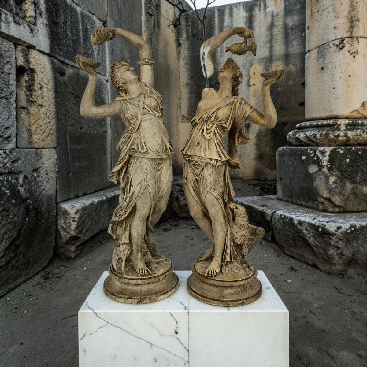 Neoclassical Plaster Figures After Clodion - Bacchante & Hebe Nymphs